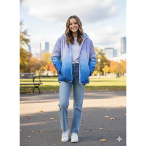 NWOT Eddie Bauer Girl Ombre puffer Jacket Reversible blue Fleece Size 14-16